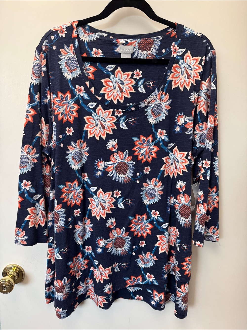 Chico's Navy Floral Scoop-Neck Long Sleeve Tee with Coral & Light Blue Accents